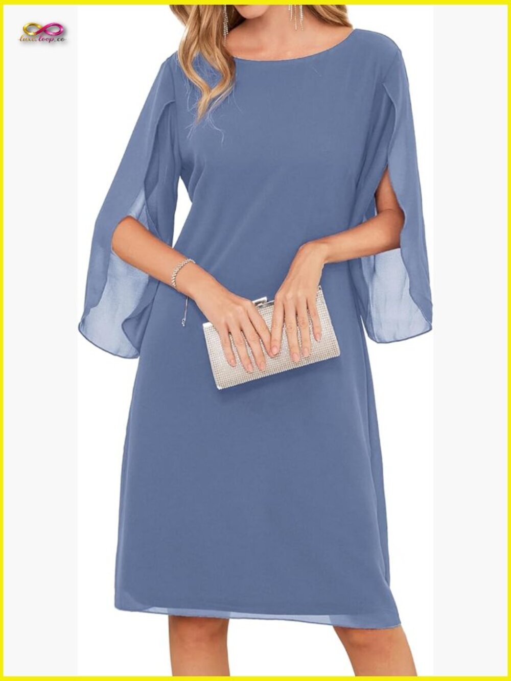 Formal Wedding Guest Cocktail Midi Dress 3/4 Flutter Sleeve Sheath Silhouette